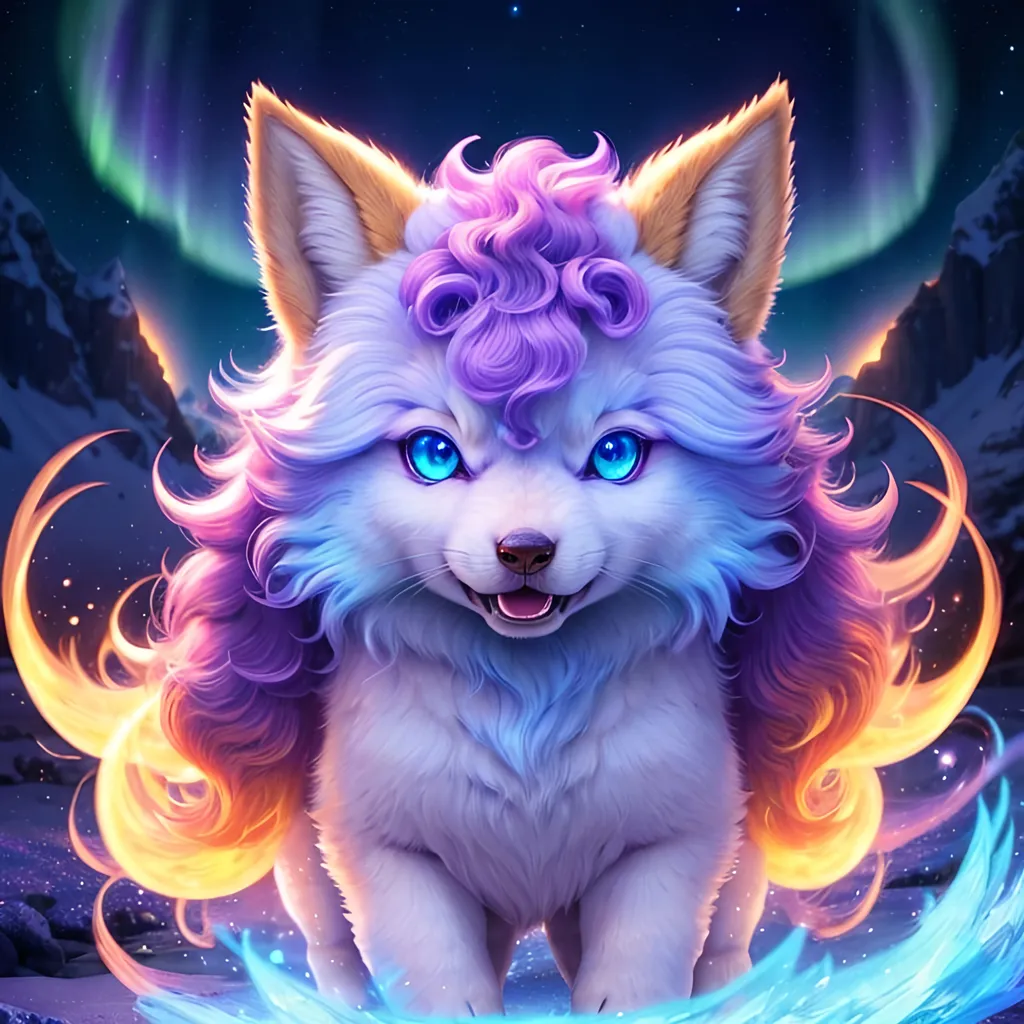 Prompt: {Alolan Vulpix}, growling, wolf, ice element, detailed artwork, portrait, 8k, detailed background, beautiful auroras, brilliant night sky, gleaming hypnotic purple eyes, mischievous, thick billowing mane, beautiful detailed eyes, golden ratio, perfect proportions, complementary colors, UHD