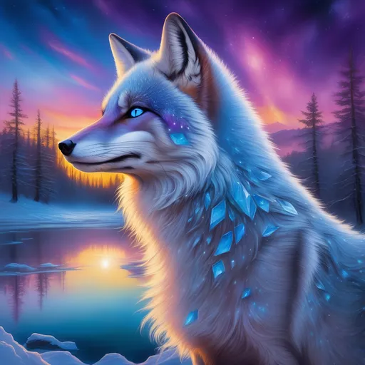 Prompt: portrait of a beautiful blue fox elder with (glistening blue fur) and glowing {sapphire blue eyes}, fine oil painting, feral, beautiful vixen kitsune, sparkling frosted fur, epic anime portrait, three quarter portrait, gazing at viewer, icy colors, frost, brilliant night sky, beautiful 8k eyes, deep starry sky, cosmic auroras, epic fantasy landscape, frost, intense, low angle view, soft HD fur, 64k, hyper detailed, symmetric, depth, detailed shading, highly detailed face, expressive, intense, elegant, graceful, silky extravagant mane, silver fur highlights, deep {purple sky}, colorful stones, glistening blue hair, sprawled at a frosted lake shore, golden ratio, precise, perfect proportions, vibrant, hyper detailed, complementary colors, UHD, HDR, top quality artwork, beautiful detailed background, unreal 5, artstaion, deviantart, instagram, professional, masterpiece