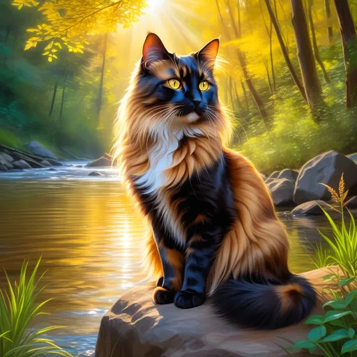 Prompt: warrior cat with {dark tortoiseshell fur} and bright {yellow eyes}, small young beautiful she-cat, epic anime portrait, beautiful 8k eyes, fine oil painting, serene, gazing at viewer, wearing shiny bracelet, lush fantasy forest, surrounded by herbs, 64k, hyper detailed, expressive, intelligent, small, smooth silky fur, thick silky mane, glistening golden fur, golden ratio, precise, perfect proportions, vibrant, sitting by a sun-bathed river, hyper detailed, dynamic, complementary colors, UHD, HDR, top quality artwork, beautiful detailed background, unreal 5, artstaion, deviantart, instagram, professional, masterpiece