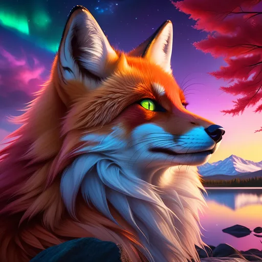 Prompt: portrait of a beautiful young crimson fox prodigy with (glistening crimson fur) and glowing {emerald eyes}, fine oil painting, feral, beautiful vixen kitsune, epic anime portrait, close up, gazing at viewer, fiery colors, brilliant sunrise, beautiful 8k eyes, deep starry sky, cosmic auroras, epic fantasy landscape, frost, close up, intense, low angle view, soft HD fur, 64k, hyper detailed, symmetric, highly detailed face, expressive, intense, elegant, graceful, silky extravagant mane, black fur lighlights, deep purple sky, colorful stones, glistening scarlet fur, sprawled at a lake shore, golden ratio, precise, perfect proportions, vibrant, lying by a sun-bathed lake, hyper detailed, complementary colors, UHD, HDR, top quality artwork, beautiful detailed background, unreal 5, artstaion, deviantart, instagram, professional, masterpiece