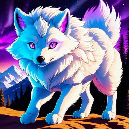 Prompt: {Alolan Vulpix}, growling, Alaskan wolf, ice element, detailed artwork, hyper detailed, 64k, detailed background, beautiful auroras, lush cliffside, snowy mountain peaks, brilliant night sky, gleaming hypnotic {purple eyes}, mischievous, vivid colors, glowing ice aura, thick billowing mane, intense anime portrait, intricately detailed fur, ice blue fur highlights, beautiful detailed eyes, golden ratio, precise, perfect proportions, vibrant, hyper detailed, complementary colors, UHD, HDR, beautiful detailed background, unreal 5, artstaion, deviantart