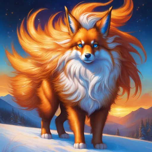 Prompt: {Flareon}, brilliant {blue eyes}, flame, fire element, feral, detailed artwork, beautiful oil painting, 64k, detailed background, snowy field, frost, deep starry sky, brilliant sunrise sky, big golden ears, beautiful dark muzzle, big beautiful 8k eyes, brave, vivid colors, thick fluffy fur, glowing fiery aura, thick billowing mane, intricately detailed fur, beautiful detailed eyes, , by Anne Stokes, golden ratio, perfect proportions, vibrant, hyper detailed, complementary colors, UHD, beautiful detailed background