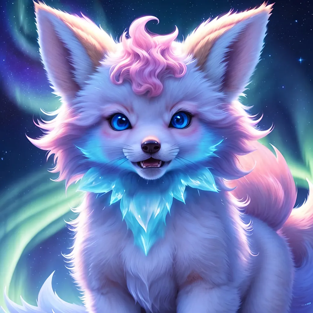 Prompt: {Alolan Vulpix}, growling, fox, kitsune, ice element, detailed artwork, portrait, 8k, detailed background, auroras, brilliant night sky, mischievous, thick billowing mane, hyper realism, realistic, hyper realistic