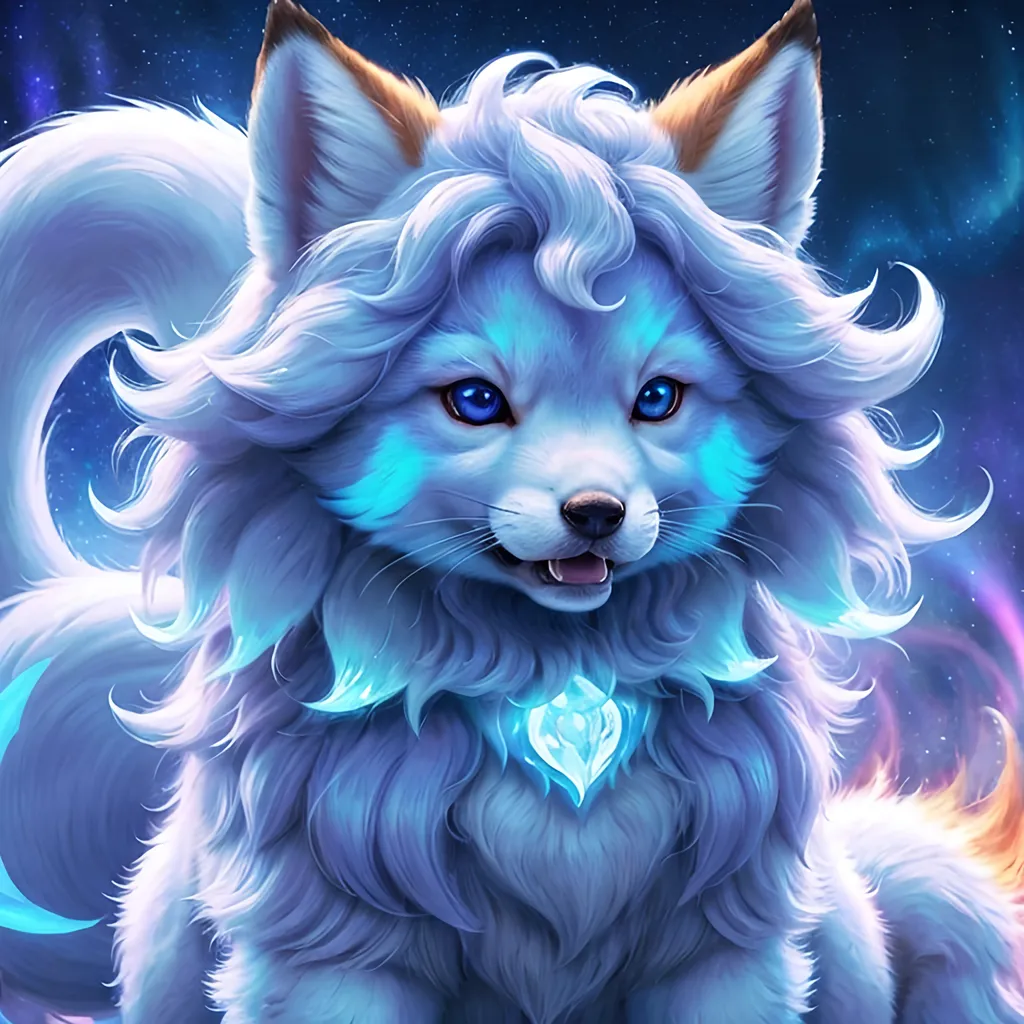 Prompt: {Alolan Vulpix}, growling, fox, kitsune, ice element, detailed artwork, portrait, 8k, detailed background, auroras, brilliant night sky, mischievous, thick billowing mane, hyper realism, realistic, hyper realistic