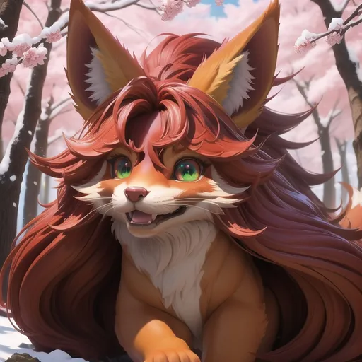Prompt: portrait of fire elemental fox, feral, adolescent vixen, silky crimson-red fur, emerald green eyes, 64k, UHD, ultra sharp, very detailed, masterpiece, hyper realism, oil painting, 8k eyes, youthful, lively, lithe, black fur highlights, long silky hair on crest, (plump), plump figure, umber red mane, solid red belly, beautiful charming grin, graceful, by Anne Stokes, by Yuino Chiri, gold magic fur highlights, vivid colors, vibrant, global illumination, wispy brown ears, wispy ruby-red mane flowers on fur, snow-capped trees, complementary colors, cinematic, forest, rows of pink blossoming sakura trees, billowing mane, professional, unreal engine, dynamic, highly detailed, detailed smiling face, 4k, 64k, UHD