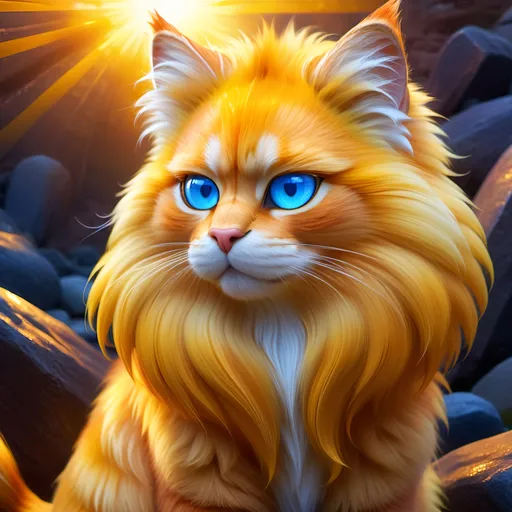 Prompt: Gold cat warrior, {glistening golden fur}, gleaming intense (deep sapphire blue eyes:1.5), electricity, lightning element, bright colors, feral, detailed artwork, beautiful oil painting, 64k, epic rpg portrait, zoomed out view of character, detailed background, by Erin Hunter, sunshine river, (insanely beautiful realistic fur:2), brilliant auroras, brilliant golden sunrise, hyper detailed, depth, rich shading, beautiful 8k eyes, brave, fluffy, brawny, vivid colors, glowing fiery aura, thick billowing mane, bright fluffy cheeks, intricately detailed fur, beautiful detailed eyes, by Anne Stokes, golden ratio, perfect proportions, vibrant colors, hyper detailed, complementary colors, UHD, ultra detailed, beautiful detailed background