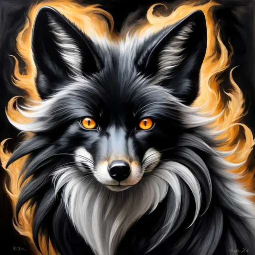 Prompt: painting of a large male black fox champion with 8 tails, jet black and white fur, brilliant and beautiful 8k amber eyes, feral, charcoal fur, charcoal drawing, oil painting, Fire and ice, golden ratio, symmetric, expressive, up close, intense
