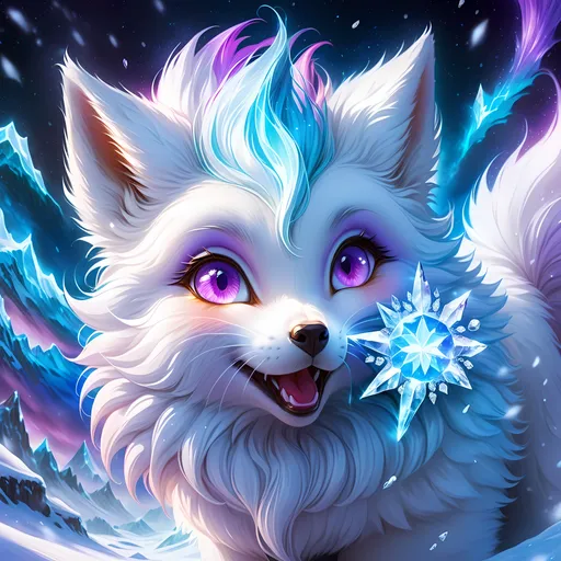 Prompt: {Alolan Vulpix}, growling, arctic fox, gleaming hypnotic purple eyes, frost, ice element, ice storm, detailed artwork, hyper detailed, 64k, detailed background, beautiful auroras, lush cliffside, snowy mountain peaks, brilliant starry sky, cosmic auroras, mischievous, timid, modest, bashful rosy cheeks, vivid colors, vibrant colors,  glowing ice aura, thick billowing mane, beautiful anime portrait, intricately detailed fur, ice blue fur highlights, ice halo, beautiful detailed eyes, golden ratio, precise, perfect proportions, vibrant, hyper detailed, complementary colors, UHD, HDR, beautiful detailed background, unreal 5, artstaion, deviantart