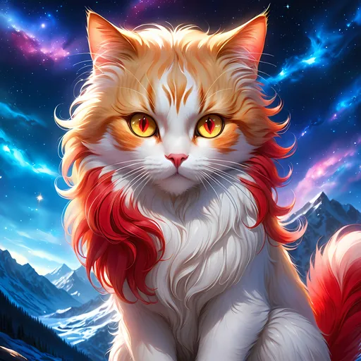 Prompt: clawmaster (cat) with {red fur} and {ruby red eyes}, feral cat, by Erin Hunter, gorgeous anime portrait, beautiful cartoon, beautiful 8k eyes, elegant {red fur}, pronounced scar on chest, oil painting, modest, gazing at viewer, fiery red eyes, glistening golden hair, low angle view, 64k, hyper detailed, expressive, graceful, beautiful, small lithe cat, expansive silky golden mane, shining fur, deep starry sky, UHD background, golden ratio, precise, perfect proportions, vibrant colors, standing majestically on a tall crystal stone, hyper detailed, complementary colors, UHD, HDR, top quality art, beautiful detailed background, unreal 5, artstaion, deviantart, instagram, professional, masterpiece