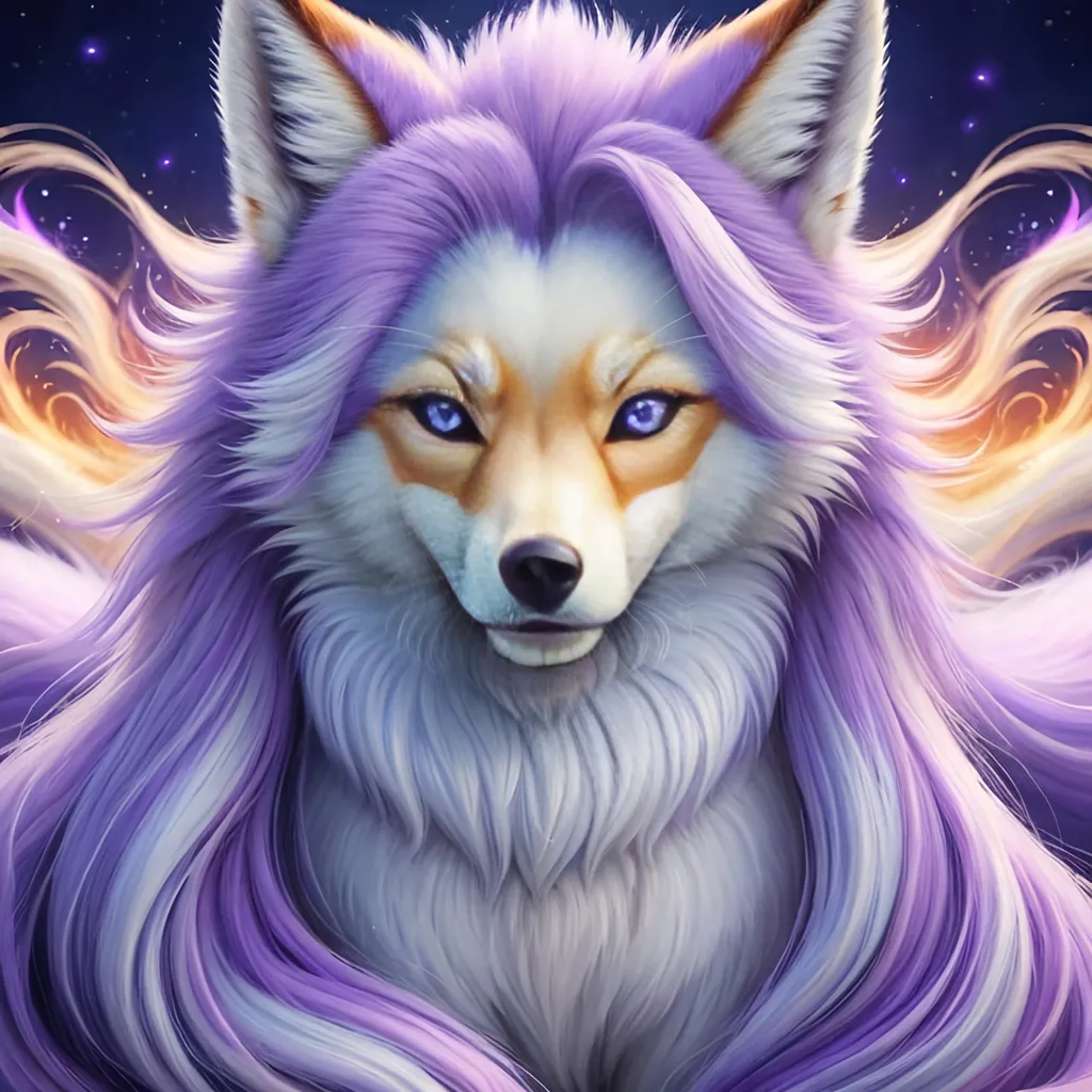 Prompt: hyper realistic, epic oil painting, masterpiece, dynamic, UHD, professional, {Alolan Ninetales}, growling, fox, white maned wolf, brilliant hypnotic purple eyes, silky lavender fur, ageless, ornate highly detailed eyes, lives for a thousand years, wise, extravagant silky mane, ice element, detailed artwork, portrait, 8k, global illumination, detailed background, auroras, brilliant night sky, mischievous, thick billowing mane, hyper realism, realistic,, studio quality, close up, mid close up, 64k, cinematic, rare, extravagant