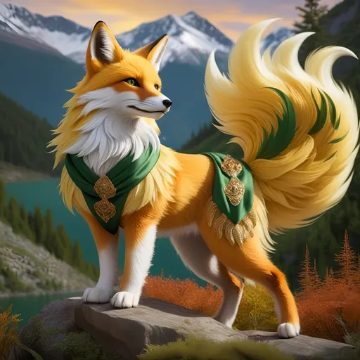 Prompt: beautiful bright gold fox champion with yellow fur and {forest green eyes}, kitsune, feral fox, nine-tailed fox, silky green robe with pheasant feathers, brawny, fierce, fire element, plant element, close up, detailed background, lush lakeside mountains background, highly detailed, accurate anatomy, highly detailed face