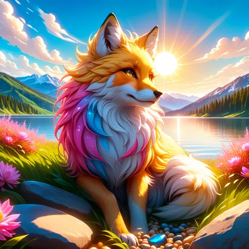 Prompt: beautiful young golden fox prodigy with (white-gold fur) and glowing {ruby pink eyes}, {sky blue paws and ears, curly blue hair}, feral, epic anime portrait, close up, sunny colors, brilliant sunrise, beautiful 8k eyes, light fluffy clouds, lush verdant greenery, close up, fine oil painting, low angle view, soft HD fur, (unsheathed claws), visible claws, 64k, hyper detailed, expressive, energetic, vibrant, fluffy mane, petite, deep blue sky, colorful stones, glistening golden fur, sprawled at a lake shore, golden ratio, precise, perfect proportions, vibrant colors, vivid colors, lying by a sun-bathed lake, hyper detailed, complementary colors, UHD, HDR, top quality artwork, beautiful detailed background, unreal 5, artstaion, deviantart, instagram, professional, masterpiece