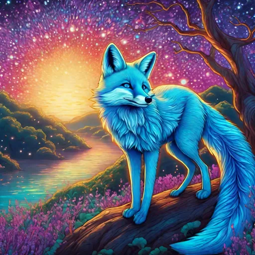 Prompt: cyan blue fox, 2D, hyper detailed drawing, colored pencils, anime purple eyes, bushy tail, intense anime pose, energetic smile, cell shading, vector art, energetic, Japanese folklore, ancient Japanese art, highly detailed face, accurate proportions, accurately proportioned face, anime background, milky way view, fireflies, UHD, masterpiece, cheerful, perfect composition, perfect proportions, golden ratio, complementary colors, cinematic, complex art, complex background, peaceful
