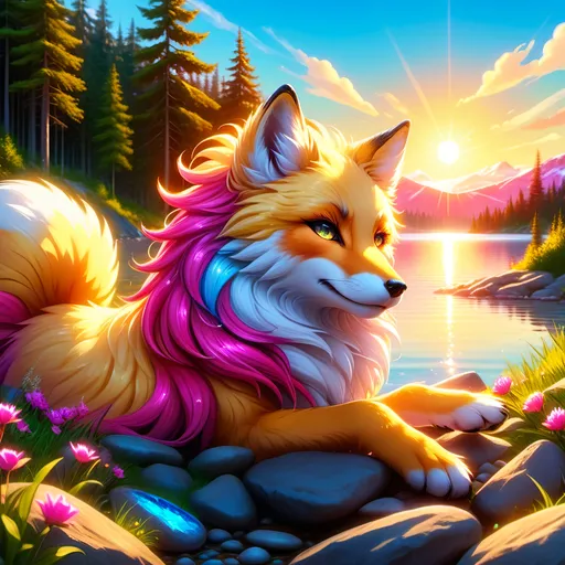 Prompt: beautiful young golden fox prodigy with (white-gold fur) and glowing (ruby magenta eyes), {sky blue paws and ears, curly blue hair}, feral, epic anime portrait, close up, sunny colors, brilliant sunrise, beautiful 8k eyes, light fluffy clouds, lush verdant greenery, close up, fine oil painting, low angle view, soft HD fur, (unsheathed claws), visible claws, 64k, hyper detailed, expressive, energetic, vibrant, fluffy mane, petite, deep blue sky, colorful stones, glistening golden fur, bashful rosy cheeks, sprawled at a lake shore, golden ratio, precise, perfect proportions, vibrant colors, vivid colors, lying by a sun-bathed lake, hyper detailed, complementary colors, UHD, HDR, top quality artwork, beautiful detailed background, unreal 5, artstaion, deviantart, instagram, professional, masterpiece