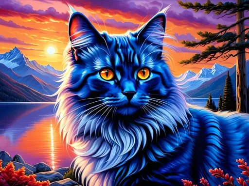 Prompt: detailed oil portrait of a stunning beautiful blue cat with {cobalt blue fur} and {sunset orange eyes}, nine-tailed cat, nine fluffy silver tails, feral, kitsune tails, quadruped, tom cat, Warrior cats by Erin Hunter, gorgeous anime portrait, intense cartoon, beautiful 8k eyes, kitsune, nine-tailed fox, ice element, detailed fine fur, fine oil painting, stunning, gorgeous, gazing at viewer, beaming eyes, lake shore sunrise, sharply focused red clouds, highly detailed mountain vista, brilliant sunrise on purple sky, horizontal background, 64k, hyper detailed, expressive, clever, beautiful, thick silky mane, golden ratio, symmetric, accurate anatomy, precise, perfect proportions, vibrant, standing majestically on a tree, hyper detailed, complementary colors, UHD, HDR, top quality artwork, beautiful detailed background, unreal 5, artstaion, deviantart, instagram, professional, masterpiece