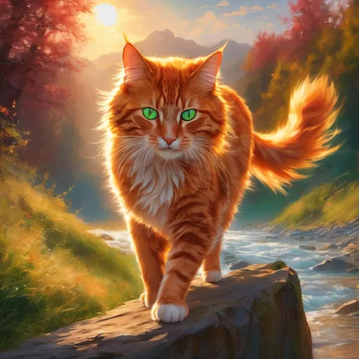 Prompt: warrior cat with {fiery orange fur} and bright green eyes, young male cat, epic anime portrait, beautiful 8k eyes, fine oil painting, intense, lunging at viewer, wearing shiny bracelet, solid red belly, worm's eye view, zoomed out view of character,  (unsheathed claws), visible claws, 64k, hyper detailed, expressive, intense, hissing cat, aggressive, intelligent, lithe, small, covered in scratches and scars, thick billowing mane, glistening golden fur, golden ratio, precise, perfect proportions, vibrant, prowling by a sun-bathed river, hyper detailed, dynamic, complementary colors, UHD, HDR, top quality artwork, beautiful detailed background, unreal 5, artstaion, deviantart, instagram, professional, masterpiece