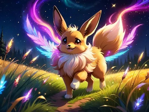 Prompt: (best quality: 1.5), (high quality:1.5), (intricate detail: 1.5), painting of an insanely beautiful magical Eevee, furry, fuzzy, happy, jubilant, magical, fairy dust, twinkling, bright colors, sparkling fur, fairy dust in fur, dancing, running through a field, cute, vivid colors, vibrant colors, auroras, aurora halo, surreal, UHD, horizontal background, professional shading, running toward viewer, insanely detailed background, insanely detailed fur, ultra detailed illustration, immaculate fur, fantasy, flying, professional digital painting, expressive face, beautiful eyes, 8k eyes, artstation, deviantart, trending, hyper detailed, stunning, breathtaking, beautiful, graceful, ethereal, enchanting, enchanted grassland, sparkling fireflies, breezy summer night, starry sky, 8k, 16k, 64k, unreal engine, perfect pose, golden ratio, symmetric, perfect proportions