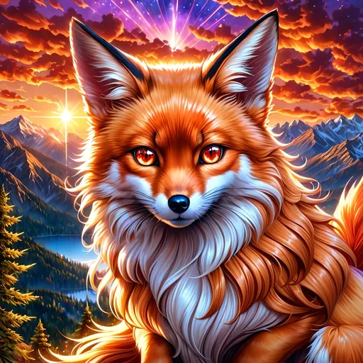 Prompt: (best quality:1.5), (high quality:1.5), (masterpiece:1.5), stunning beautiful Vulpix with (gleaming fiery auburn red fur:2) and (sparkling caramel brown eyes:2), sparkling fur highlights, huge beautiful sparkling eyes, nine-tailed fox, many tails, multiple tails, puffy hair curls on forehead, six lush amber tails, feral, fire element, fiery maw, small fox, kitsune tails, beautiful defined detailed paws, quadruped, gorgeous anime portrait, fox pup face, intense cartoon, magic white fur highlights, tall and slender, visible tails, beautiful tails, foxy head turn, beautiful 8k eyes, kitsune, close up, up close, layers of incredibly detailed mountains, wild, nature, close up with sparkling eyes in sharp focus, magical, ethereal, enchanted, incredibly detailed fur, highly detailed face, water element, detailed fine fur, fine oil painting, stunning, finely detailed fur, cute, fierce, majestic, long curly silky hair, raised tails, gorgeous, gazing at viewer, long silky curly tails, beaming eyes, curious eyes, lake shore sunrise, perfect reflection, shimmering, beautifully defined legs, beautiful detailed defined shading, long ribbon-like hair on forehead, french curves, professional shading, long flowing hair on crest, sharply focused red clouds, Anne Stokes, highly detailed jagged mountain vista, brilliant sunrise on purple sky, (horizontal background), 64k, hyper detailed, expressive, beautiful, thick silky mane, golden ratio, symmetric, accurate anatomy, precise, perfect proportions, vibrant, standing majestically on a mountain, hyper detailed, complementary colors, UHD, HDR, top quality artwork, beautiful detailed background, unreal 5, artstaion, deviantart, instagram, professional, 16k