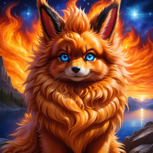Prompt: Bronze {Flareon}, {copper fur}, gleaming intense (deep sapphire blue eyes:1.5), fire element, fiery colors, feral, frost, detailed artwork, beautiful oil painting, 64k, detailed background, snowy lake, deep starry sky, lush cliffside, brilliant golden sunrise, big golden ears, beautiful dark muzzle, big beautiful 8k eyes, brave, fluffy, plump, vivid colors, thick fluffy fur, glowing fiery aura, thick billowing mane, bright fluffy cheeks, intricately detailed fur, beautiful detailed eyes, by Anne Stokes, golden ratio, perfect proportions, vibrant, hyper detailed, complementary colors, UHD, ultra detailed, beautiful detailed background