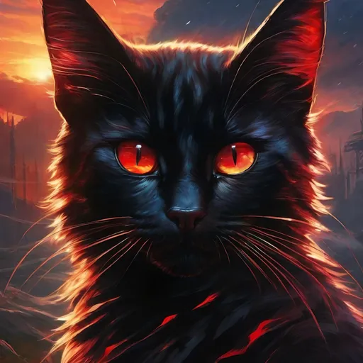 Prompt: warrior cat with jet black fur and scarlet eyes, tom cat, young apprentice, epic anime portrait, beautiful 8k eyes, fine oil painting, intense, wearing shiny bracelet, low angle view, zoomed out view of character,  (unsheathed claws), visible claws, 64k, hyper detailed, expressive, intense, heroic, friendly, aggressive yet compassionate, determined, brawny, thick billowing mane, glistening black fur, prowling through a twilight forest, golden ratio, precise, perfect proportions, vibrant, hyper detailed, complementary colors, UHD, HDR, top quality artwork, beautiful detailed background, unreal 5, artstaion, deviantart, instagram, professional, masterpiece