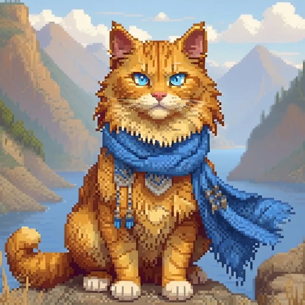 Prompt: beautiful cat warrior with golden fur and blue eyes, feral cat, wearing blue scarf, detailed lakeside background, distant cliffs in background