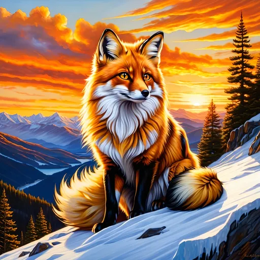 Prompt: detailed oil portrait of a stunning beautiful fox with {broad black and gold stripes} and {sunlit gold eyes}, tortie fox, nine-tailed fox, vitiligo fur, nine fluffy yellow tails, feral, kitsune tails, quadruped, male fox, Warrior cats by Erin Hunter, gorgeous anime portrait, intense cartoon, beautiful 8k eyes, kitsune, fiery, fire element, ice element, frost, detailed fine fur, fine oil painting, stunning, gorgeous, gazing at viewer, beaming eyes, lake shore sunrise, perfect reflection, shimmering, professional shading, sharply focused orange clouds, highly detailed cliffs in foreground, brilliant sunrise on golden sky, (horizontal background), 64k, hyper detailed, expressive, clever, beautiful, thick silky mane, golden ratio, symmetric, accurate anatomy, precise, perfect proportions, vibrant, standing majestically on a mountain, hyper detailed, complementary colors, UHD, HDR, top quality artwork, beautiful detailed background, unreal 5, artstaion, deviantart, instagram, professional, masterpiece