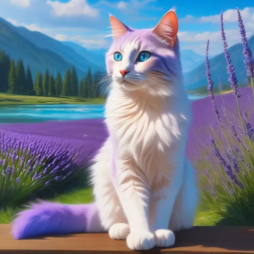 Prompt: warrior cat with {lavender fur} and {crystal blue eyes}, young female cat, gorgeous anime portrait, beautiful 8k eyes, elegant {colorful lavender fur}, fine oil painting, modest, gazing at viewer, worm's eye view, frosted flowers, zoomed out view of character, wears a bracelet, 64k, hyper detailed, expressive, timid, graceful, beautiful, expansive silky mane, golden ratio, precise, perfect proportions, vibrant, tanning by a sun-bathed river, hyper detailed, complementary colors, UHD, HDR, top quality artwork, beautiful detailed background, unreal 5, artstaion, deviantart, instagram, professional, masterpiece