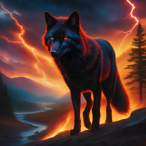 Prompt: young warrior black fox with (solid jet black fur) and scarlet eyes, feral, epic anime portrait, lightning element, crackling lightning, beautiful 8k eyes, fine oil painting, intense, wearing shiny bracelet, low angle view,  (unsheathed claws), visible claws, 64k, hyper detailed, expressive, intense, heroic, friendly, compassionate, brawny, thick billowing mane, fiery colors, psychedelic colors, lightning charged atmosphere, colorful stones, glistening black fur, prowling through a twilight forest,  golden ratio, precise, perfect proportions, vibrant, prowling by a sun-bathed river, hyper detailed, complementary colors, UHD, HDR, top quality artwork, beautiful detailed background, unreal 5, artstaion, deviantart, instagram, professional, masterpiece