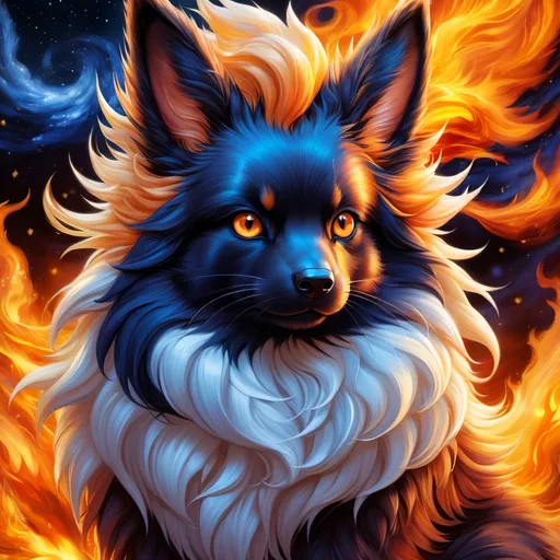 Prompt: {Flareon}, brilliant {blue eyes}, flame, fire element, feral, detailed artwork, beautiful oil painting, 64k, detailed background, snowy field, frost, deep starry sky, brilliant sunrise sky, big golden ears, beautiful dark muzzle, big beautiful 8k eyes, brave, vivid colors, thick fluffy fur, glowing fiery aura, thick billowing mane, intricately detailed fur, beautiful detailed eyes, , by Anne Stokes, golden ratio, perfect proportions, vibrant, hyper detailed, complementary colors, UHD, beautiful detailed background