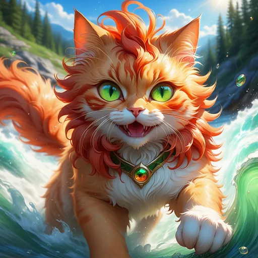 Prompt: warrior cat with {fiery orange fur} and bright green eyes, young male cat, epic anime portrait, beautiful 8k eyes, fine oil painting, intense, lunging at viewer, wearing shiny bracelet, solid red belly, worm's eye view, zoomed out view of character,  (unsheathed claws), visible claws, 64k, hyper detailed, expressive, intense, hissing cat, aggressive, intelligent, lithe, small, covered in scratches and scars, thick billowing mane, glistening golden fur, golden ratio, precise, perfect proportions, vibrant, prowling by a sun-bathed river, hyper detailed, dynamic, complementary colors, UHD, HDR, top quality artwork, beautiful detailed background, unreal 5, artstaion, deviantart, instagram, professional, masterpiece