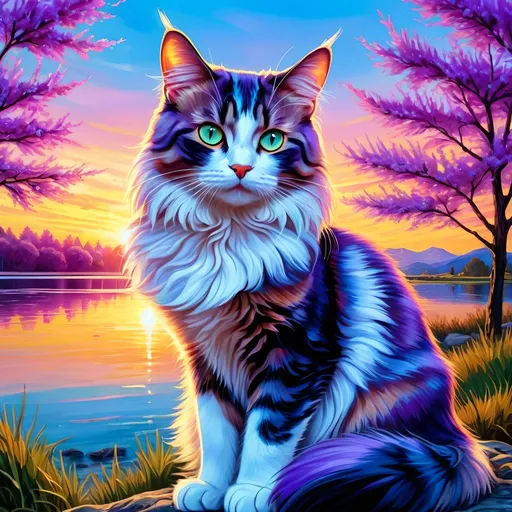 Prompt: portrait of a stunning beautiful cat with {lilac and mulberry fur} and {crisp ice blue eyes}, purple tortie cat, feral, quadruped, young tom cat, Warrior cats by Erin Hunter, gorgeous anime portrait, intense cartoon, beautiful 8k eyes, {pelt shines like the sun}, kitsune, nine-tailed fox, ice element, fine oil painting, Van gogh style, stunning, gorgeous, gazing at viewer, beaming eyes, lake shore sunrise, 64k, hyper detailed, expressive, clever, beautiful, thick silky mane, golden ratio, symmetric, accurate anatomy, precise, perfect proportions, vibrant, standing majestically on a tree, hyper detailed, complementary colors, UHD, HDR, top quality artwork, beautiful detailed background, unreal 5, artstaion, deviantart, instagram, professional, masterpiece