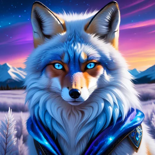 Prompt: portrait of a beautiful blue fox elder with (glistening blue fur) and glowing {sapphire blue eyes}, fine oil painting, feral, beautiful vixen kitsune, epic anime portrait, three quarter portrait, gazing at viewer, icy colors, frost, brilliant night sky, beautiful 8k eyes, deep starry sky, cosmic auroras, epic fantasy landscape, frost, intense, low angle view, soft HD fur, 64k, hyper detailed, symmetric, depth, detailed shading, highly detailed face, expressive, intense, elegant, graceful, silky extravagant mane, silver fur highlights, deep purple sky, colorful stones, glistening blue fur, sprawled at a frosted field, golden ratio, precise, perfect proportions, vibrant, hyper detailed, complementary colors, UHD, HDR, top quality artwork, beautiful detailed background, unreal 5, artstaion, deviantart, instagram, professional, masterpiece