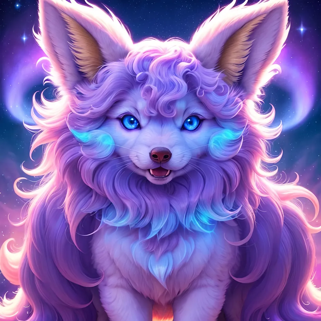 Prompt: {Alolan Vulpix}, growling, wolf, ice element, detailed artwork, portrait, 8k, detailed background, beautiful auroras, brilliant night sky, gleaming hypnotic purple eyes, mischievous, thick billowing mane, beautiful detailed eyes, golden ratio, perfect proportions, complementary colors, UHD