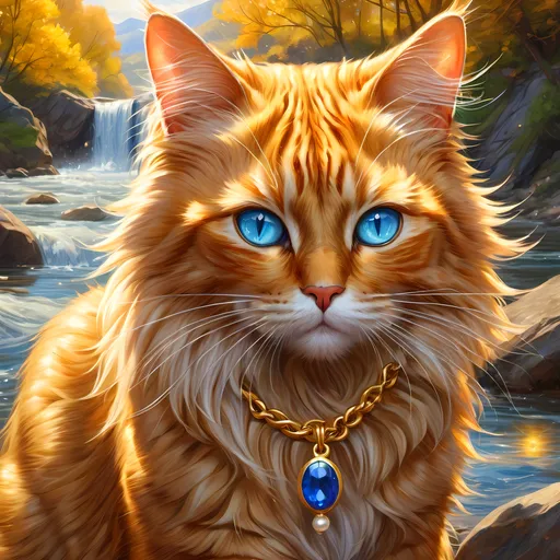 Prompt: warrior cat with pearl-gold fur and sapphire blue eyes, tom cat, epic anime portrait, beautiful 8k eyes, fine oil painting, intense, lunging at viewer, wearing shiny bracelet, worm's eye view, zoomed out view of character,  (unsheathed claws), visible claws, 64k, hyper detailed, expressive, intense, hissing cat, aggressive, intelligent, lithe, small, covered in scratches and scars, thick billowing mane, glistening golden fur, golden ratio, precise, perfect proportions, vibrant, prowling by a sun-bathed river, hyper detailed, complementary colors, UHD, HDR, top quality artwork, beautiful detailed background, unreal 5, artstaion, deviantart, instagram, professional, masterpiece