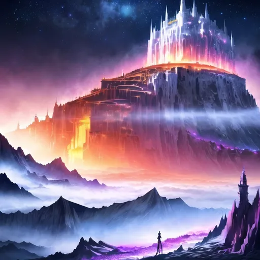 Prompt: professional landscape of an {enormous fantasy celestial palace} atop a mountain, above the clouds, golden skies, 64k, highly detailed, vibrant colors, vivid colors, vast starry sky, UHD, vivid colors, guarded by {fierce glowing white wolves with red eyes}, highly detailed background