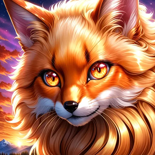 Prompt: (best quality:1.5), (high quality:1.5), (masterpiece:1.5), stunning beautiful 2D anime portrait of (Vulpix) with (gleaming bright gold fur:2) and (sparkling caramel brown eyes:2), close up, dazzling eyes, glassy dazzling white fur, glassy dazzling tails, sparkling fur highlights, huge beautiful sparkling eyes, many tails, surreal, multiple tails, six lush gold tails, fire element, fiery maw, Vulpix tails, beautiful defined detailed paws, gorgeous anime portrait, intense cartoon, magic white fur highlights, visible tails, beautiful tails, extremely smooth fur texture, beautiful 8k eyes, kitsune, layers of incredibly detailed mountains, wild, nature, close up with sparkling eyes in sharp focus, magical, ethereal, enchanted, highly detailed face, fine anime painting, fire element, stunning, cute, majestic, {coils of long curly silky hair on forehead}, raised tails, gorgeous, gazing at viewer, {long silky curly tails}, beaming eyes, curious eyes, lake shore sunrise, perfect reflection, shimmering, beautifully defined legs, beautiful detailed defined shading, long ribbon-like hair on forehead, french curves, professional shading, long flowing hair on crest, sharply focused red clouds, highly detailed jagged mountain vista, brilliant sunrise on purple sky, (horizontal background), 64k, hyper detailed, expressive, beautiful, thick silky mane, golden ratio, symmetric, accurate anatomy, precise, perfect proportions, vibrant, standing majestically on a mountain, hyper detailed, complementary colors, UHD, HDR, top quality artwork, beautiful detailed background, unreal 5, artstaion, deviantart, instagram, professional, 16k