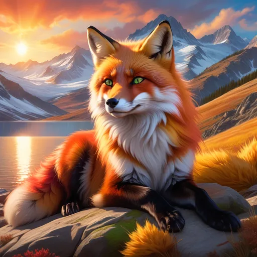 Prompt: champion prodigy fox with (bright crimson fur) and {amber green eyes}, feral, gorgeous anime portrait, soft detailed fur,  fire element, flame, female fox, beautiful 8k eyes, fine oil painting, intense, wearing shiny bracelet, low angle view, (unsheathed claws), visible claws, 64k, fine colored pencil, head turned toward viewer, hyper detailed, expressive, graceful, plump, glistening silky mane, fiery colors, windstorm, colorful stones, vast open sky, glistening black fur highlights, sitting on hilltop,  golden ratio, intricate detailed fur, precise, perfect proportions, vibrant, at a sun-bathed lake, hyper detailed, complementary colors, UHD, HDR, top quality artwork, beautiful detailed background, unreal 5, artstaion, deviantart, instagram, professional, masterpiece