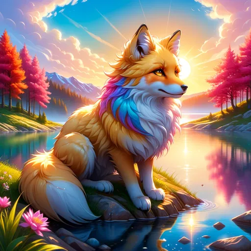 Prompt: beautiful young golden fox prodigy with (white-gold fur) and glowing {ruby pink eyes}, {sky blue paws and ears, curly blue hair}, feral, epic anime portrait, close up, sunny colors, brilliant sunrise, beautiful 8k eyes, light fluffy clouds, lush verdant greenery, close up, fine oil painting, low angle view, soft HD fur, (unsheathed claws), visible claws, 64k, hyper detailed, expressive, energetic, vibrant, fluffy mane, petite, deep blue sky, colorful stones, glistening golden fur, bashful rosy cheeks, sprawled at a lake shore, golden ratio, precise, perfect proportions, vibrant colors, vivid colors, lying by a sun-bathed lake, hyper detailed, complementary colors, UHD, HDR, top quality artwork, beautiful detailed background, unreal 5, artstaion, deviantart, instagram, professional, masterpiece