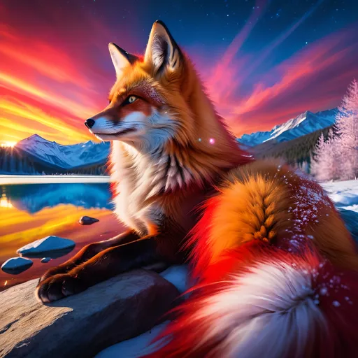 Prompt: portrait of a beautiful young crimson fox prodigy with (solid crimson fur) and glowing jubilant {amber eyes}, feral, beautiful vixen fox, epic anime portrait, close up, fiery colors, brilliant sunrise, big beautiful 8k eyes, deep starry sky, cosmic auroras, frost, close up, fine oil painting, intense, low angle view, soft HD fur, (unsheathed claws), visible claws, 64k, hyper detailed, expressive, intense, elegant, graceful, silky extravagant mane, deep blue sky, colorful stones, glistening scarlet fur, sprawled at a lake shore, golden ratio, precise, perfect proportions, vibrant, lying by a sun-bathed lake, hyper detailed, complementary colors, UHD, HDR, top quality artwork, beautiful detailed background, unreal 5, artstaion, deviantart, instagram, professional, masterpiece