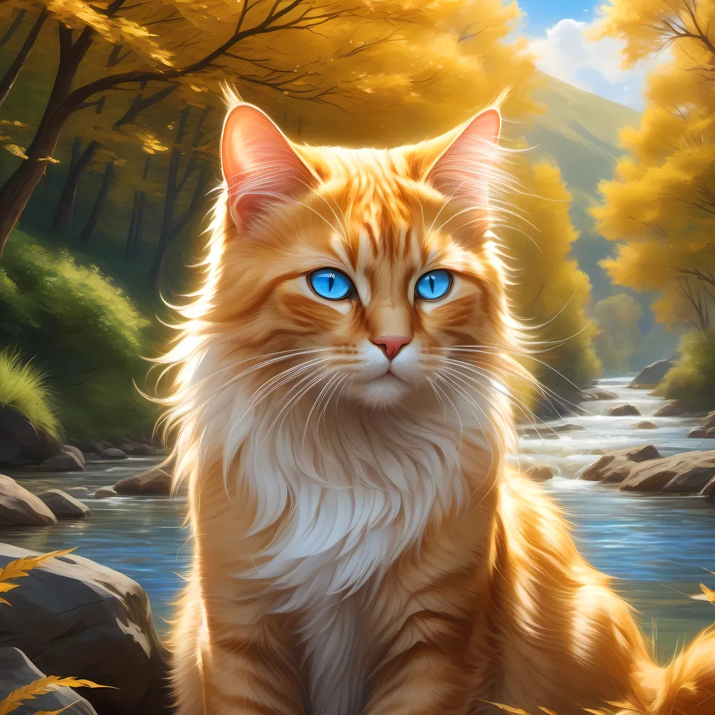 warrior cat with pearl-gold fur and sapphire blue ey... | OpenArt