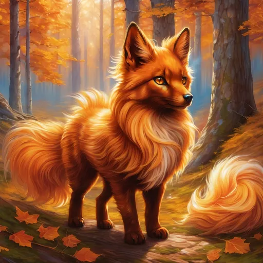 Prompt: {Vulpix}, gleaming hypnotic (chocolate brown eyes), flame, fire element, feral, frost, detailed artwork, beautiful oil painting, 64k, detailed background, aspen leaves, deep starry sky, lush cliffside, brilliant sunrise sky, big golden ears, beautiful {golden brown muzzle}, luxurious {golden brown pelt}, big beautiful 8k eyes, mischievous, vivid colors, thick fluffy fur, glowing fiery aura, fire princess, bashful rosy cheeks, timid, bright rosy cheeks, thick billowing mane, intricately detailed fur, beautiful detailed eyes, , by Anne Stokes, golden ratio, perfect proportions, vibrant, hyper detailed, complementary colors, UHD, beautiful detailed background