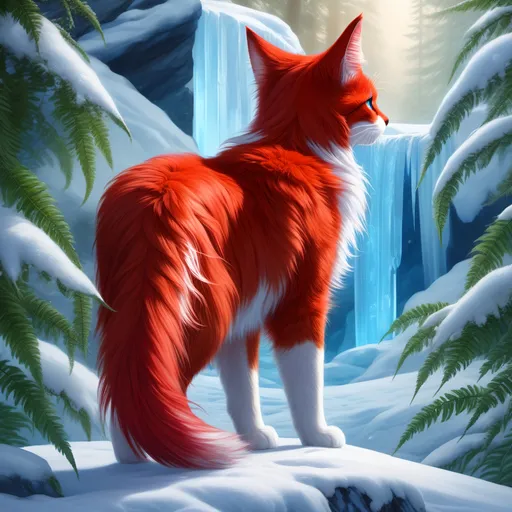 Prompt: warrior cat with {shiny red fur} and {crisp ice blue eyes}, feral, quadruped, young she-cat, by Erin Hunter, gorgeous anime portrait, intense cartoon, beautiful 8k eyes, elegant {scarlet and garnet fur}, {pelt looks like a vixen fox}, fine oil painting, stunning, gorgeous, back view, gazing at viewer, beaming blue eyes, looking back, (rear view:1.5), (looking over shoulder:1.5), (raised tail:2), glistening scarlet fur, draped in ferns, snowstorm, ice element, 64k, hyper detailed, expressive, witty, graceful, beautiful, expansive silky mane, crystal mountain cave, secluded crystal river, golden ratio, precise, perfect proportions, vibrant, standing majestically on a tall crystal stone, hyper detailed, complementary colors, UHD, HDR, top quality artwork, beautiful detailed background, unreal 5, artstaion, deviantart, instagram, professional, masterpiece