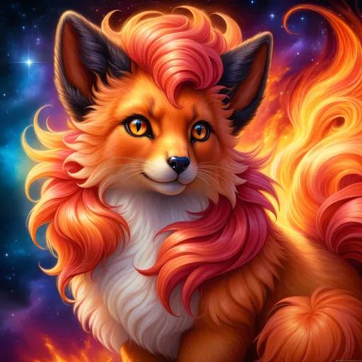 Prompt: {Vulpix}, gleaming hypnotic {amber eyes}, flame, fire element, feral, frost, detailed artwork, beautiful oil painting, 64k, detailed background, lakeside, deep starry sky, lush cliffside, brilliant sunrise sky, big black ears, beautiful {black muzzle}, luxurious {crimson pelt}, big beautiful 8k eyes, mischievous, vivid colors, thick fluffy fur, glowing fiery aura, fire princess, bashful rosy cheeks, timid, bright rosy cheeks, thick billowing mane, intricately detailed fur, beautiful detailed eyes, , by Anne Stokes, golden ratio, perfect proportions, vibrant, hyper detailed, complementary colors, UHD, beautiful detailed background