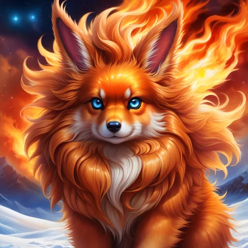 Prompt: {Flareon}, brilliant {blue eyes}, flame, fire element, feral, detailed artwork, beautiful oil painting, 64k, detailed background, snowy field, frost, deep starry sky, brilliant sunrise sky, big golden ears, beautiful dark muzzle, big beautiful 8k eyes, brave, vivid colors, thick fluffy fur, glowing fiery aura, thick billowing mane, intricately detailed fur, soft fluffy fur, beautiful detailed eyes, , by Anne Stokes, golden ratio, perfect proportions, vibrant, hyper detailed, complementary colors, UHD, beautiful detailed background