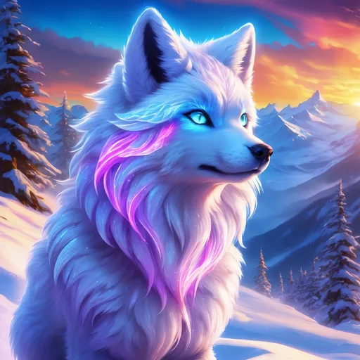 Prompt: {Alolan Vulpix}, growling, Alaskan wolf, ice element, detailed artwork, hyper detailed, 64k, detailed background, beautiful auroras, lush cliffside, snowy mountain peaks, brilliant night sky, gleaming hypnotic {purple eyes}, mischievous, vivid colors, glowing ice aura, thick billowing mane, intense anime portrait, intricately detailed fur, ice blue fur highlights, beautiful detailed eyes, golden ratio, perfect proportions, vibrant, hyper detailed, complementary colors, UHD, HDR, beautiful detailed background, unreal 5, artstaion, deviantart