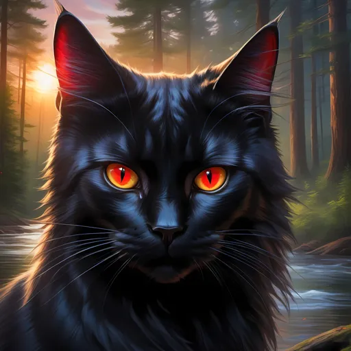 Prompt: warrior cat with jet black fur and scarlet eyes, tom cat, young apprentice, epic anime portrait, beautiful 8k eyes, fine oil painting, intense, wearing shiny bracelet, low angle view, zoomed out view of character,  (unsheathed claws), visible claws, 64k, hyper detailed, expressive, intense, heroic, aggressive, brawny, thick billowing mane, glistening black fur, prowling through a twilight forest,  golden ratio, precise, perfect proportions, vibrant, prowling by a sun-bathed river, hyper detailed, complementary colors, UHD, HDR, top quality artwork, beautiful detailed background, unreal 5, artstaion, deviantart, instagram, professional, masterpiece