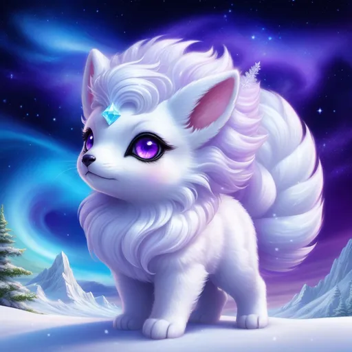 Prompt: {Alolan Vulpix}, gleaming hypnotic {amethyst purple eyes}, frost, ice element, detailed artwork, beautiful oil painting, 64k, detailed background, cosmic auroras, deep starry sky, lush cliffside, snowy mountain peaks, brilliant night sky, big purple ears, big beautiful 8k eyes, mischievous, vivid colors, thick fluffy fur, glowing ice aura, snow princess, bashful rosy cheeks, timid, bright rosy cheeks, thick billowing mane, intricately detailed fur, beautiful detailed eyes, , by Anne Stokes, golden ratio, perfect proportions, vibrant, hyper detailed, complementary colors, UHD, beautiful detailed background