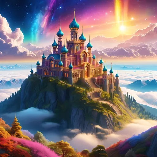 Prompt: professional landscape of an {enormous fantasy celestial palace} atop a mountain, above the clouds, golden skies, 64k, highly detailed, sharp focus, vibrant colors, bright enchanted fairytale garden, vivid colors, vast starry sky, UHD, vivid colors, guarded by a veil of auroras, highly detailed background