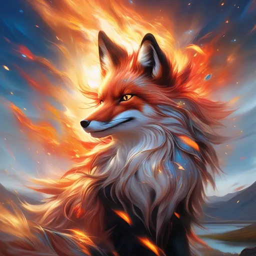 Prompt: champion prodigy fox with (bright crimson fur) and {amber eyes}, feral, gorgeous anime portrait, 2d cartoon,  fire element, flame, beautiful 8k eyes, fine oil painting, intense, wearing shiny bracelet, low angle view, (unsheathed claws), visible claws, 64k, fine colored pencil, head turned toward viewer, hyper detailed, expressive, graceful, plump, glistening silky mane, fiery colors, windstorm, colorful stones, vast open sky, glistening black fur highlights, sitting on hilltop,  golden ratio, intricate detailed fur, precise, perfect proportions, vibrant, at a sun-bathed lake, hyper detailed, complementary colors, UHD, HDR, top quality artwork, beautiful detailed background, unreal 5, artstaion, deviantart, instagram, professional, masterpiece