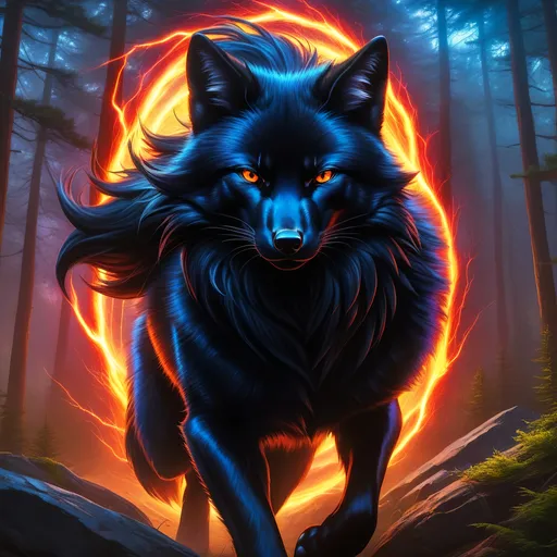 Prompt: young warrior black fox with (solid jet black fur) and scarlet eyes, feral, epic anime portrait, lightning element, crackling lightning, beautiful 8k eyes, fine oil painting, intense, wearing shiny bracelet, low angle view, soft HD fur, (unsheathed claws), visible claws, 64k, hyper detailed, expressive, intense, heroic, friendly, compassionate, brawny, thick billowing mane, fiery colors, psychedelic colors, lightning charged atmosphere, colorful stones, glistening black fur, prowling through a twilight forest,  golden ratio, precise, perfect proportions, vibrant, prowling by a sun-bathed river, hyper detailed, complementary colors, UHD, HDR, top quality artwork, beautiful detailed background, unreal 5, artstaion, deviantart, instagram, professional, masterpiece